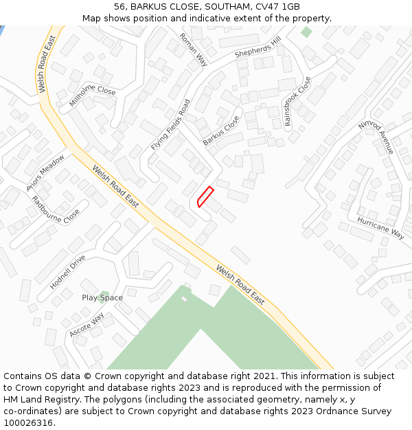 56, BARKUS CLOSE, SOUTHAM, CV47 1GB: Location map and indicative extent of plot