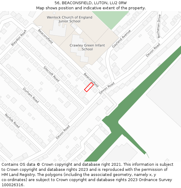 56, BEACONSFIELD, LUTON, LU2 0RW: Location map and indicative extent of plot