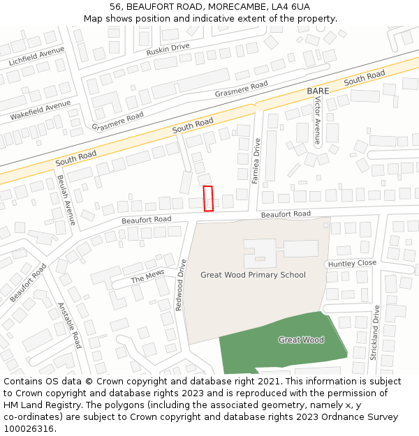 56, BEAUFORT ROAD, MORECAMBE, LA4 6UA: Location map and indicative extent of plot