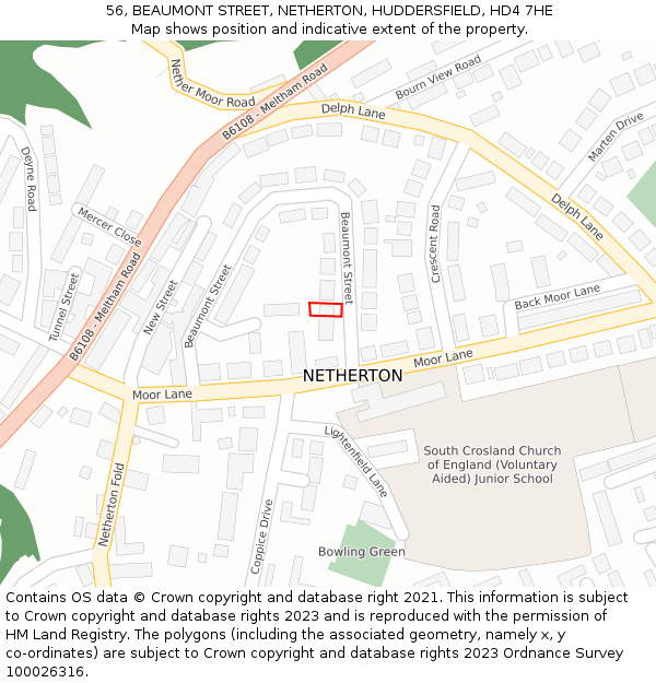 56, BEAUMONT STREET, NETHERTON, HUDDERSFIELD, HD4 7HE: Location map and indicative extent of plot