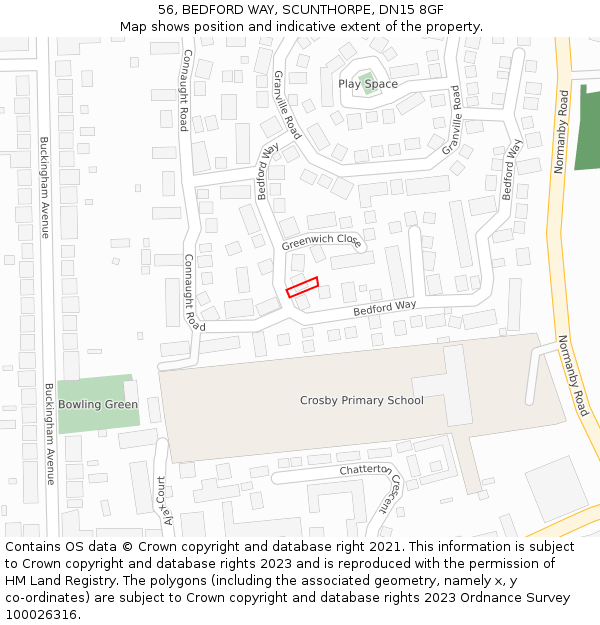 56, BEDFORD WAY, SCUNTHORPE, DN15 8GF: Location map and indicative extent of plot