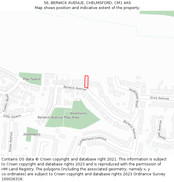 56, BERWICK AVENUE, CHELMSFORD, CM1 4AS: Location map and indicative extent of plot