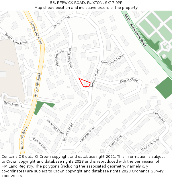 56, BERWICK ROAD, BUXTON, SK17 9PE: Location map and indicative extent of plot