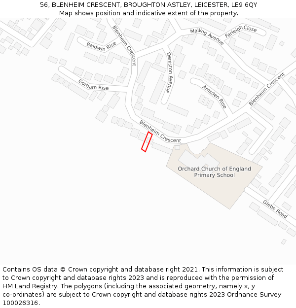 56, BLENHEIM CRESCENT, BROUGHTON ASTLEY, LEICESTER, LE9 6QY: Location map and indicative extent of plot