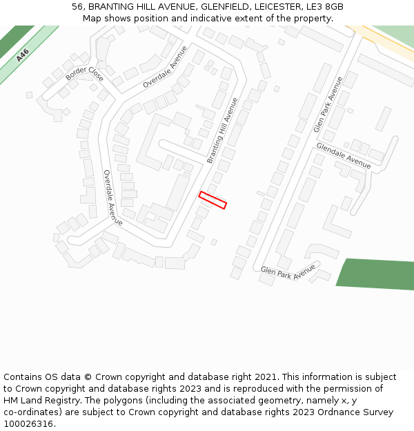 56, BRANTING HILL AVENUE, GLENFIELD, LEICESTER, LE3 8GB: Location map and indicative extent of plot