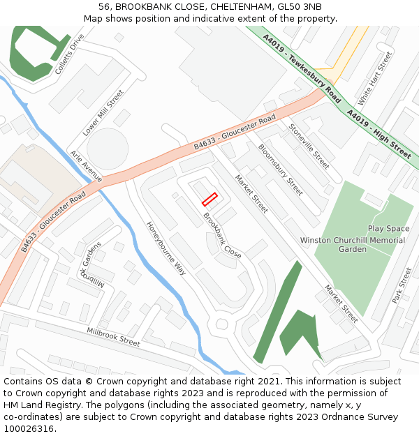 56, BROOKBANK CLOSE, CHELTENHAM, GL50 3NB: Location map and indicative extent of plot