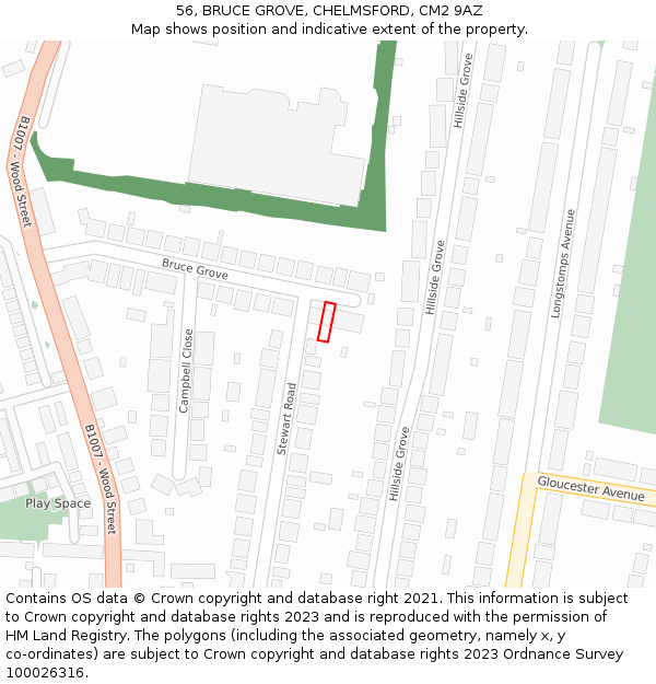 56, BRUCE GROVE, CHELMSFORD, CM2 9AZ: Location map and indicative extent of plot