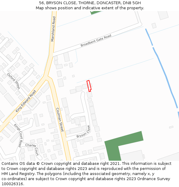 56, BRYSON CLOSE, THORNE, DONCASTER, DN8 5GH: Location map and indicative extent of plot