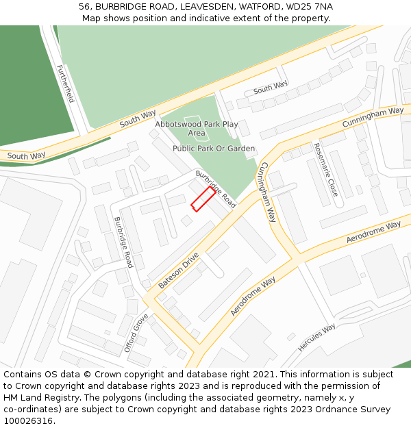56, BURBRIDGE ROAD, LEAVESDEN, WATFORD, WD25 7NA: Location map and indicative extent of plot
