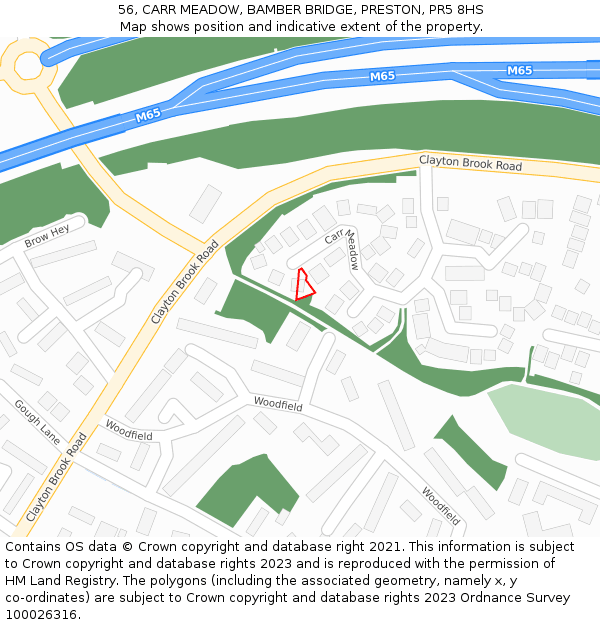 56, CARR MEADOW, BAMBER BRIDGE, PRESTON, PR5 8HS: Location map and indicative extent of plot