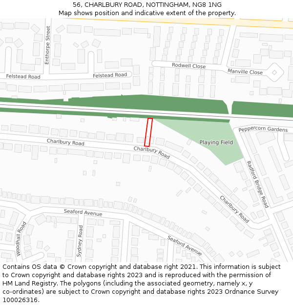 56, CHARLBURY ROAD, NOTTINGHAM, NG8 1NG: Location map and indicative extent of plot