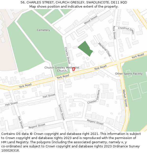 56, CHARLES STREET, CHURCH GRESLEY, SWADLINCOTE, DE11 9QD: Location map and indicative extent of plot