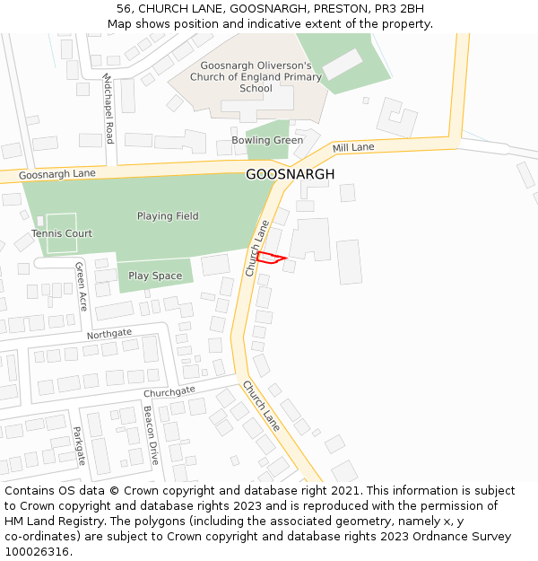 56, CHURCH LANE, GOOSNARGH, PRESTON, PR3 2BH: Location map and indicative extent of plot