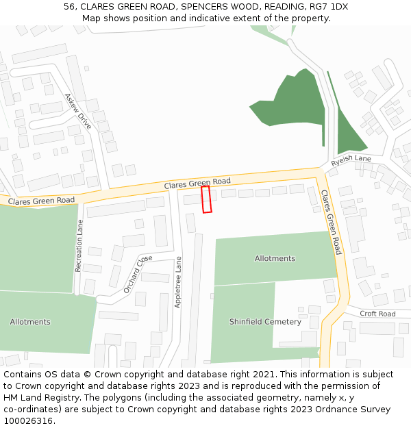 56, CLARES GREEN ROAD, SPENCERS WOOD, READING, RG7 1DX: Location map and indicative extent of plot