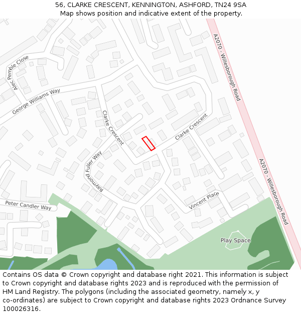 56, CLARKE CRESCENT, KENNINGTON, ASHFORD, TN24 9SA: Location map and indicative extent of plot