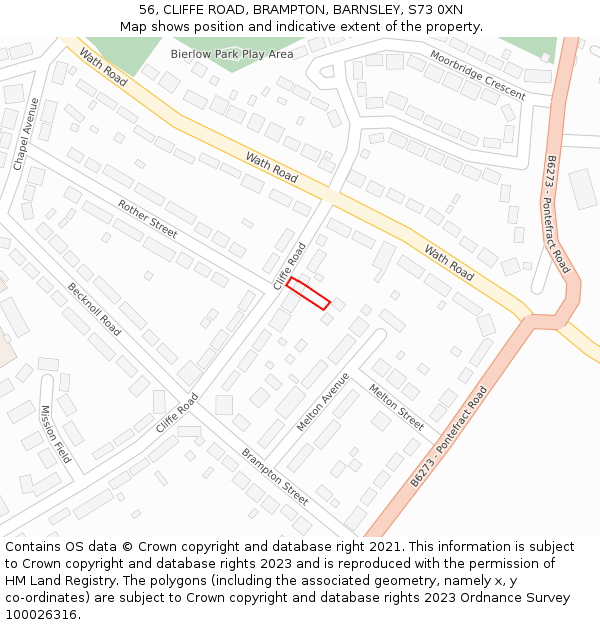 56, CLIFFE ROAD, BRAMPTON, BARNSLEY, S73 0XN: Location map and indicative extent of plot