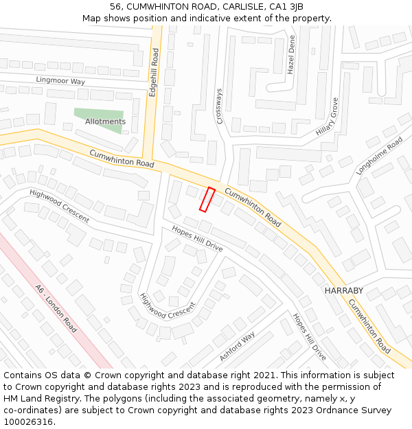 56, CUMWHINTON ROAD, CARLISLE, CA1 3JB: Location map and indicative extent of plot