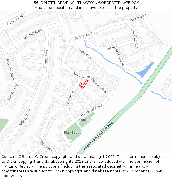 56, DALZIEL DRIVE, WHITTINGTON, WORCESTER, WR5 2QY: Location map and indicative extent of plot