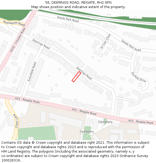 56, DEERINGS ROAD, REIGATE, RH2 0PN: Location map and indicative extent of plot