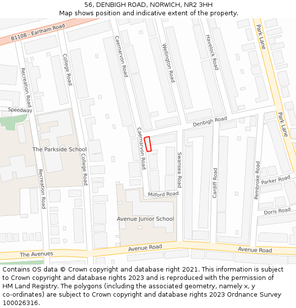 56, DENBIGH ROAD, NORWICH, NR2 3HH: Location map and indicative extent of plot