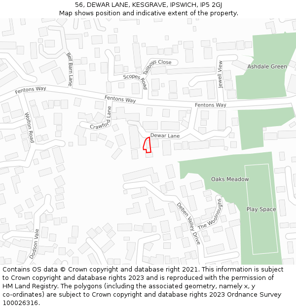 56, DEWAR LANE, KESGRAVE, IPSWICH, IP5 2GJ: Location map and indicative extent of plot