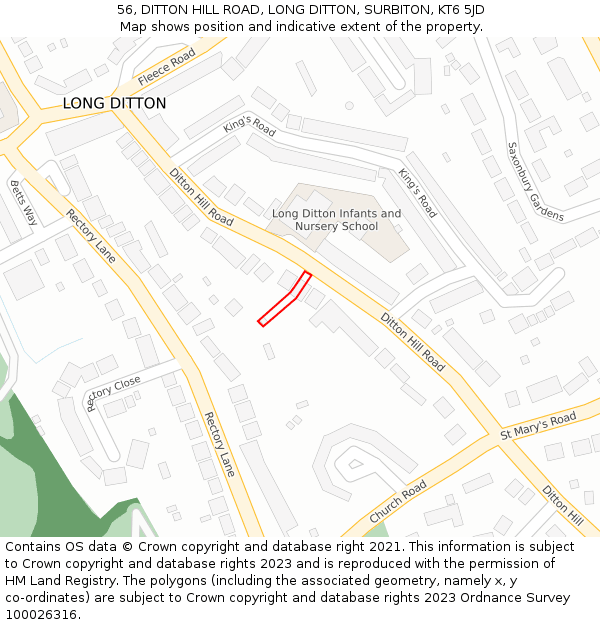 56, DITTON HILL ROAD, LONG DITTON, SURBITON, KT6 5JD: Location map and indicative extent of plot
