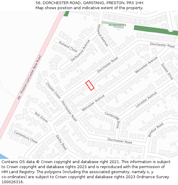 56, DORCHESTER ROAD, GARSTANG, PRESTON, PR3 1HH: Location map and indicative extent of plot