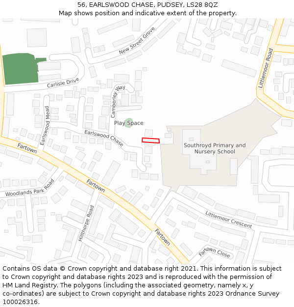 56, EARLSWOOD CHASE, PUDSEY, LS28 8QZ: Location map and indicative extent of plot