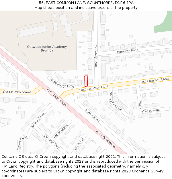 56, EAST COMMON LANE, SCUNTHORPE, DN16 1PA: Location map and indicative extent of plot