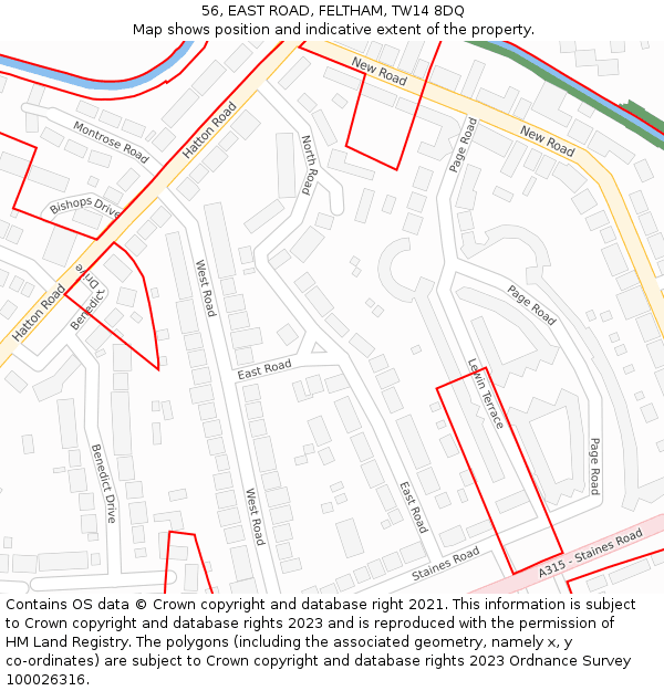56, EAST ROAD, FELTHAM, TW14 8DQ: Location map and indicative extent of plot