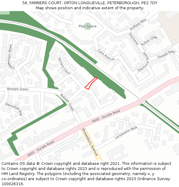 56, FARRIERS COURT, ORTON LONGUEVILLE, PETERBOROUGH, PE2 7DY: Location map and indicative extent of plot