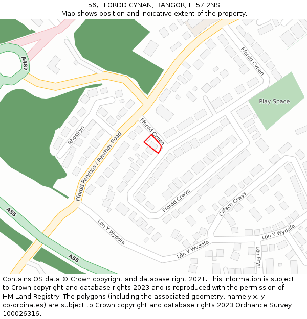 56, FFORDD CYNAN, BANGOR, LL57 2NS: Location map and indicative extent of plot