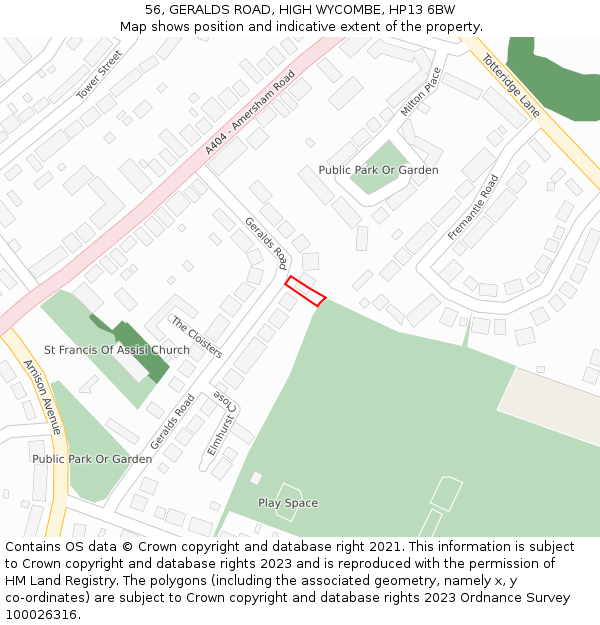 56, GERALDS ROAD, HIGH WYCOMBE, HP13 6BW: Location map and indicative extent of plot