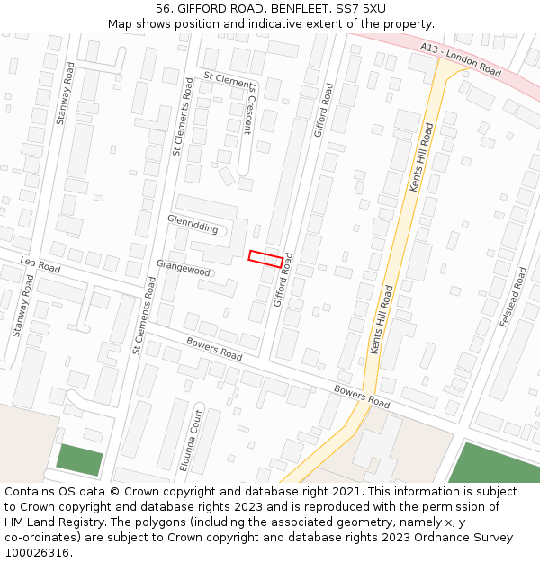56, GIFFORD ROAD, BENFLEET, SS7 5XU: Location map and indicative extent of plot