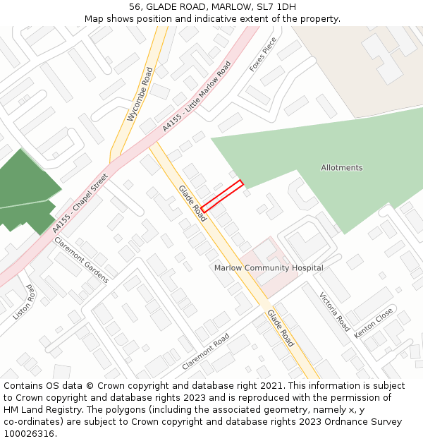 56, GLADE ROAD, MARLOW, SL7 1DH: Location map and indicative extent of plot