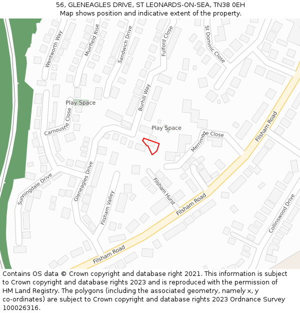56, GLENEAGLES DRIVE, ST LEONARDS-ON-SEA, TN38 0EH: Location map and indicative extent of plot