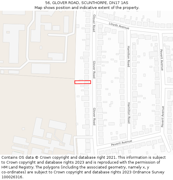 56, GLOVER ROAD, SCUNTHORPE, DN17 1AS: Location map and indicative extent of plot