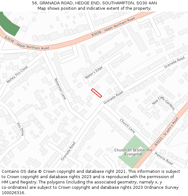56, GRANADA ROAD, HEDGE END, SOUTHAMPTON, SO30 4AN: Location map and indicative extent of plot