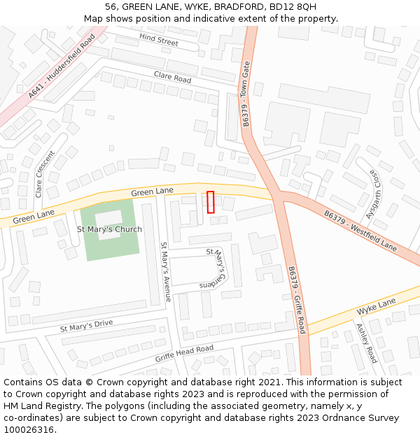 56, GREEN LANE, WYKE, BRADFORD, BD12 8QH: Location map and indicative extent of plot