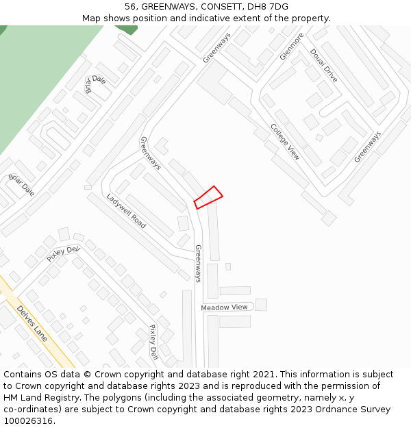 56, GREENWAYS, CONSETT, DH8 7DG: Location map and indicative extent of plot