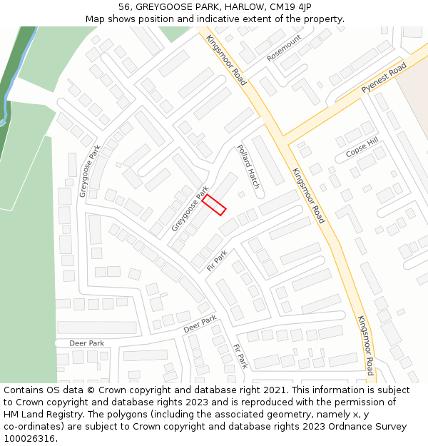 56, GREYGOOSE PARK, HARLOW, CM19 4JP: Location map and indicative extent of plot
