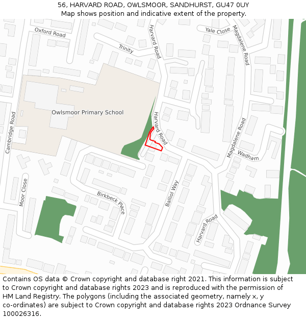 56, HARVARD ROAD, OWLSMOOR, SANDHURST, GU47 0UY: Location map and indicative extent of plot