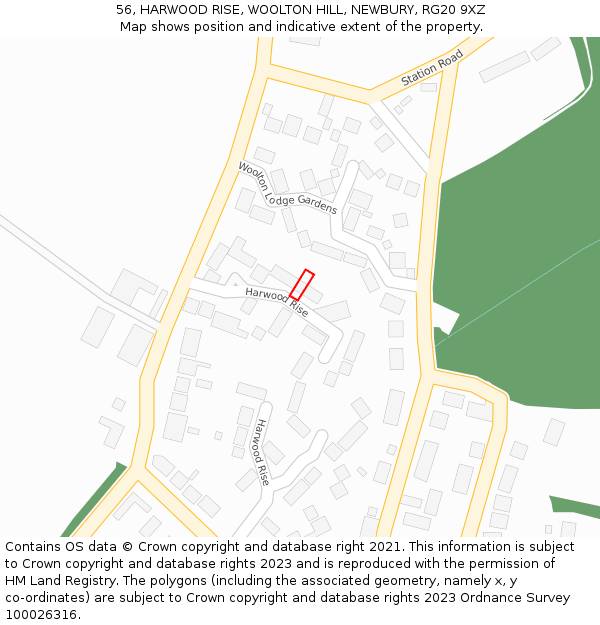 56, HARWOOD RISE, WOOLTON HILL, NEWBURY, RG20 9XZ: Location map and indicative extent of plot