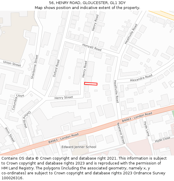 56, HENRY ROAD, GLOUCESTER, GL1 3DY: Location map and indicative extent of plot