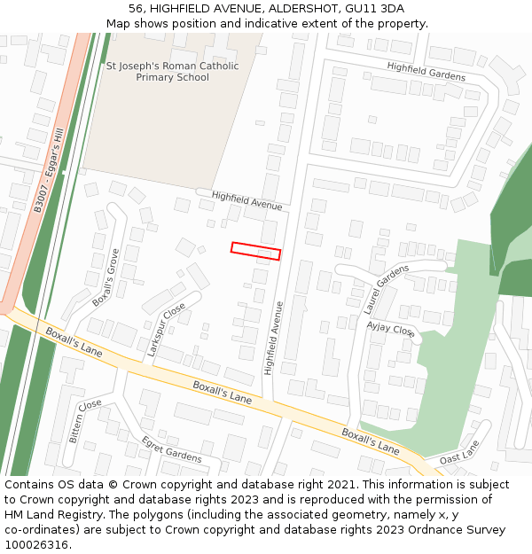 56, HIGHFIELD AVENUE, ALDERSHOT, GU11 3DA: Location map and indicative extent of plot