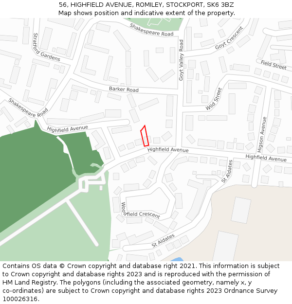 56, HIGHFIELD AVENUE, ROMILEY, STOCKPORT, SK6 3BZ: Location map and indicative extent of plot