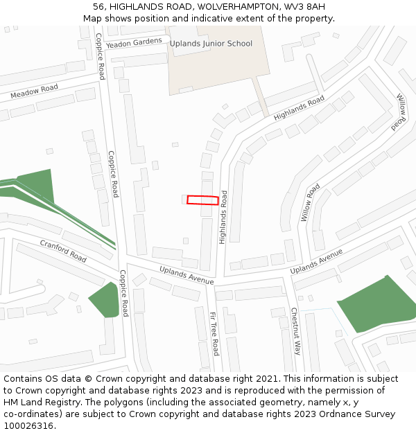 56, HIGHLANDS ROAD, WOLVERHAMPTON, WV3 8AH: Location map and indicative extent of plot