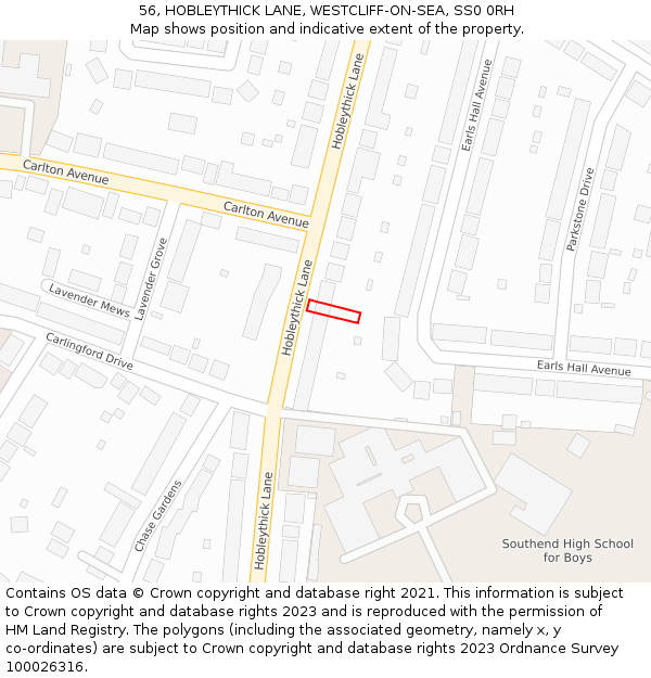 56, HOBLEYTHICK LANE, WESTCLIFF-ON-SEA, SS0 0RH: Location map and indicative extent of plot