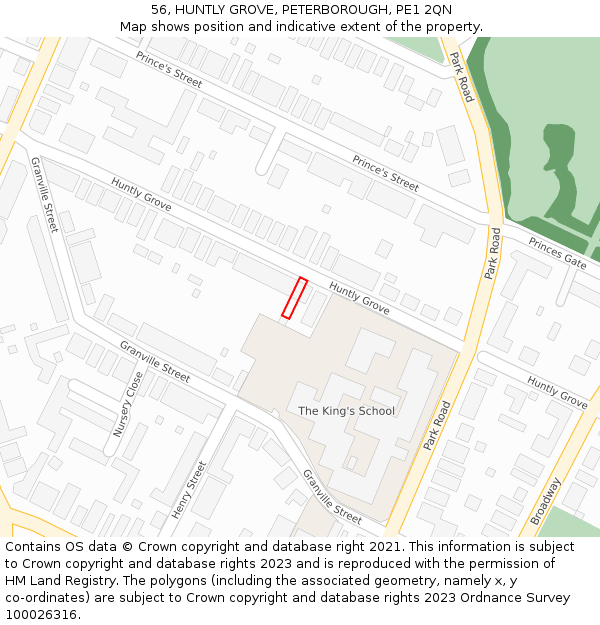 56, HUNTLY GROVE, PETERBOROUGH, PE1 2QN: Location map and indicative extent of plot