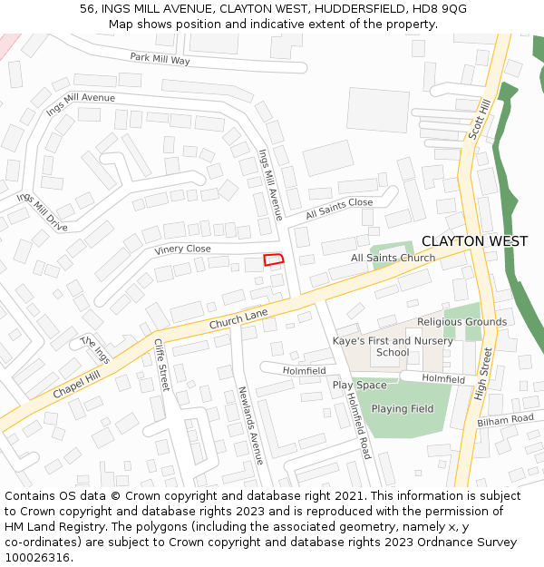 56, INGS MILL AVENUE, CLAYTON WEST, HUDDERSFIELD, HD8 9QG: Location map and indicative extent of plot